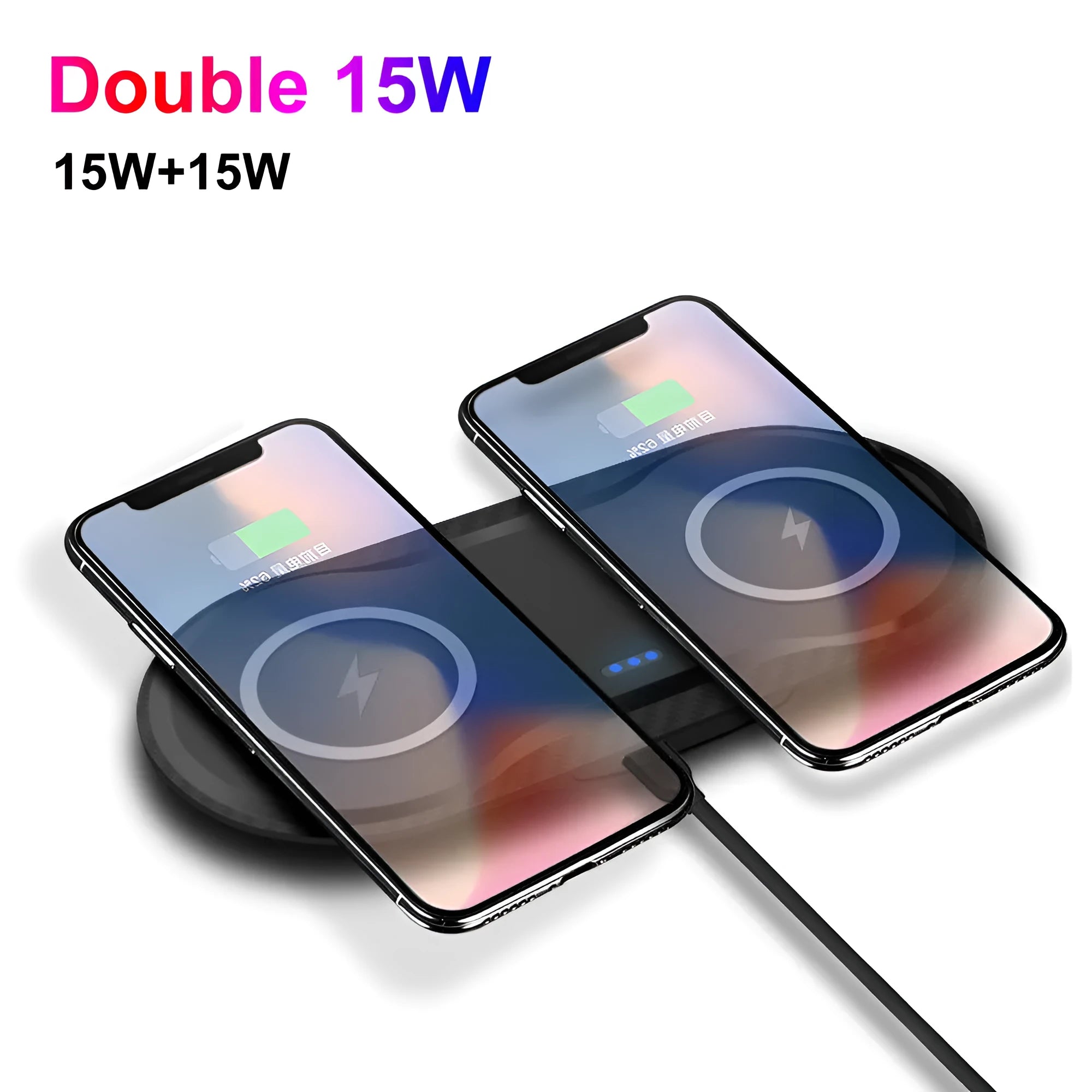 Dual 15W 2-in-1 wireless charger in black ABS with two charging coils and indicator light