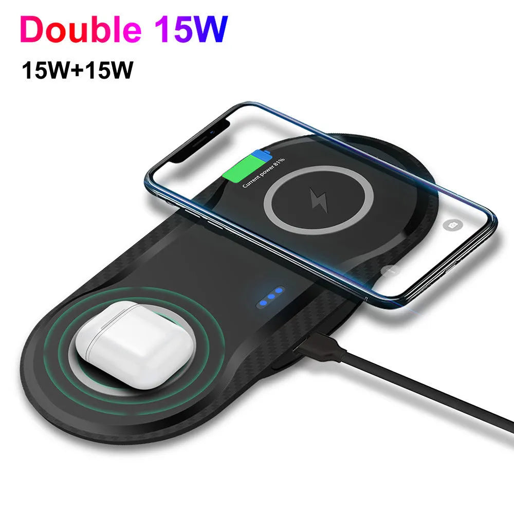 Dual 15W 2-in-1 wireless charger in black ABS with two charging coils and indicator light