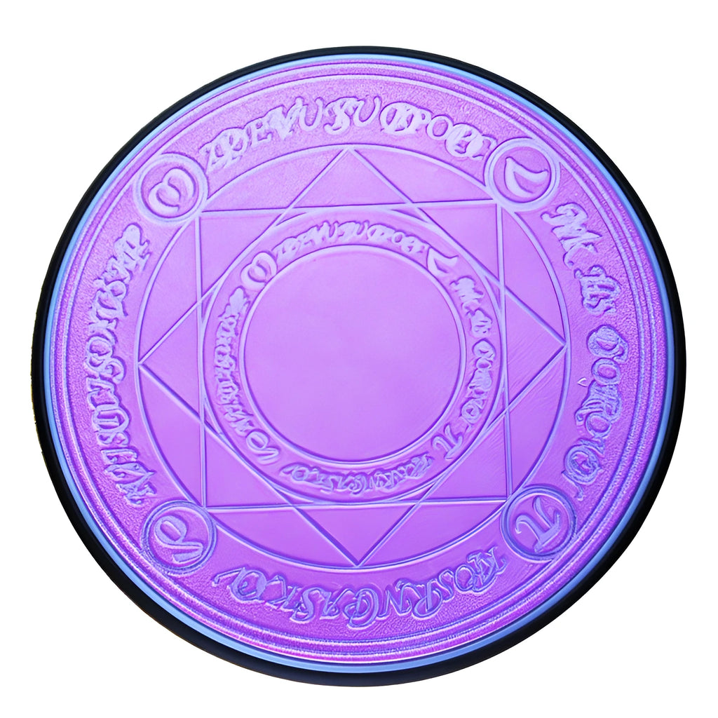 Wireless charging pad with Magic Circle design showing colourful patterns and charging indication light