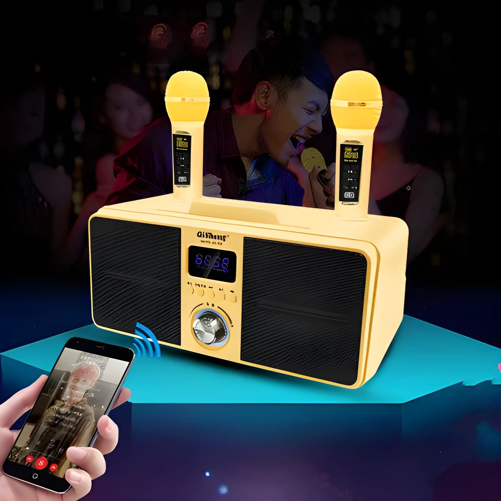 Black or gold Bluetooth speaker with two wireless microphones for home karaoke KTV