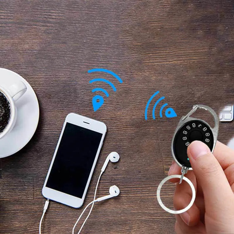 Black Bluetooth anti-lost tracker keychain with metal loop and selfie remote function