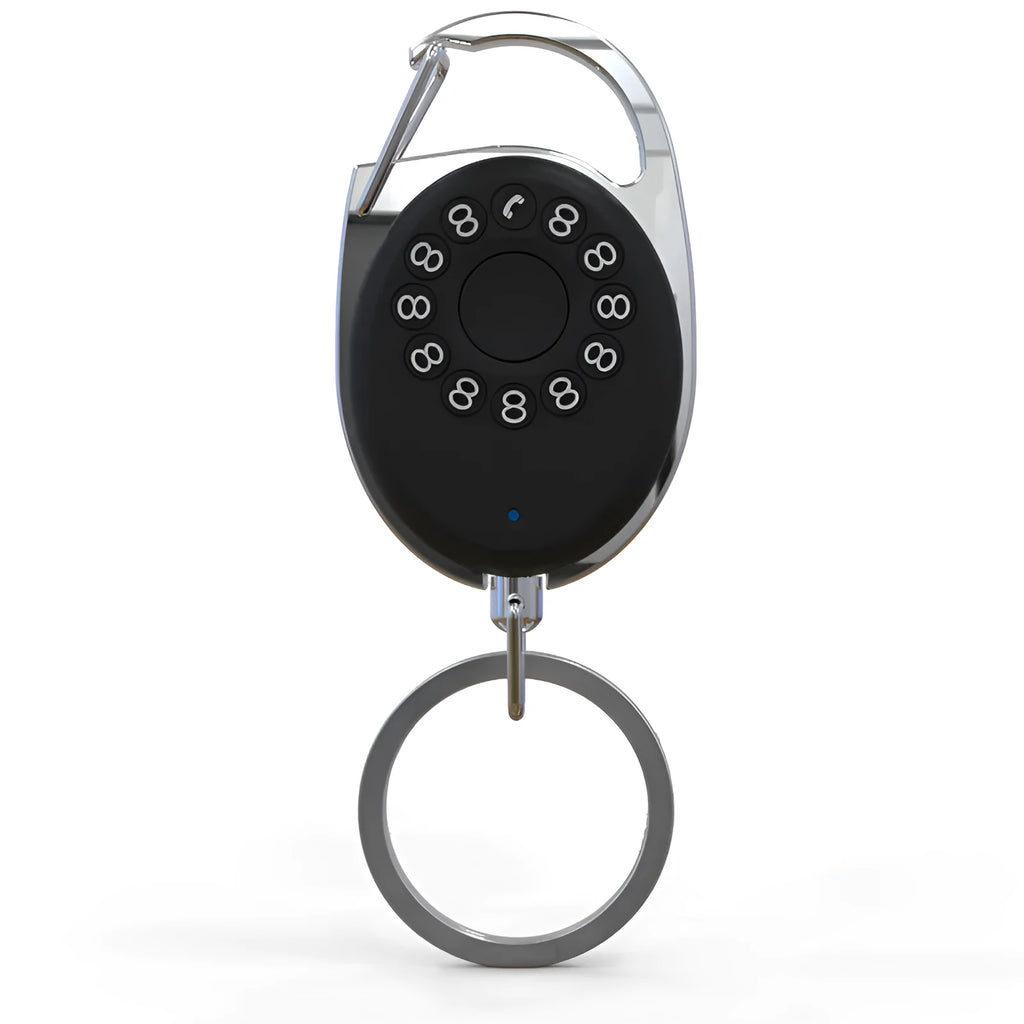Black Bluetooth anti-lost tracker keychain with metal loop and selfie remote function