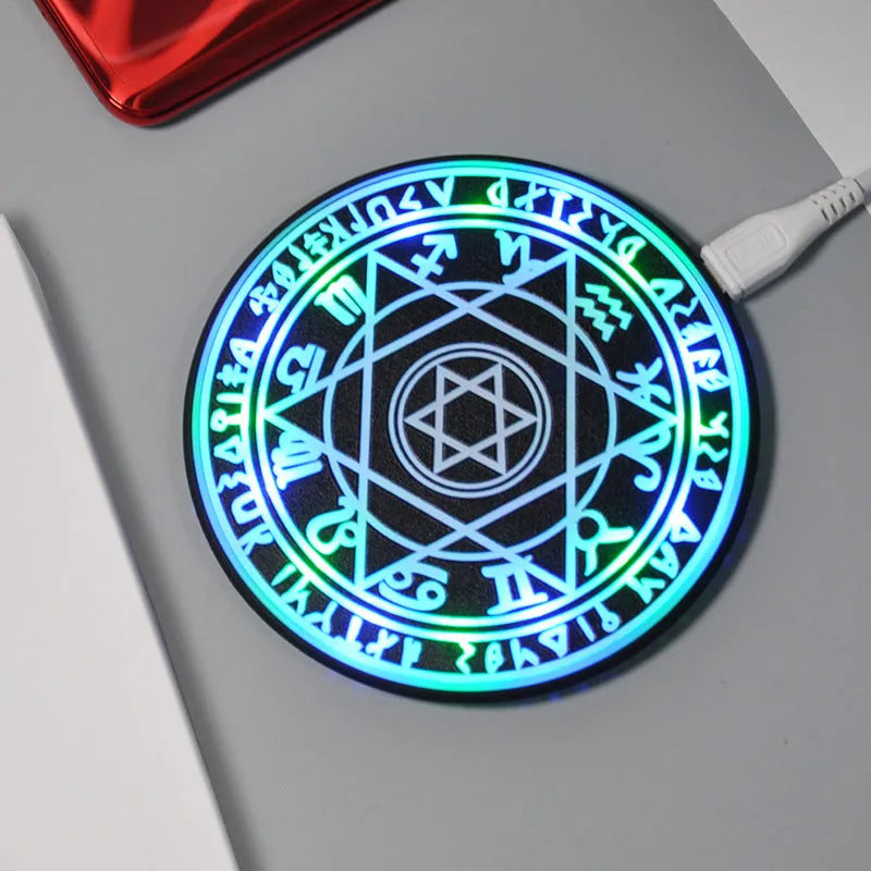 Wireless charging pad with Magic Circle design showing colourful patterns and charging indication light