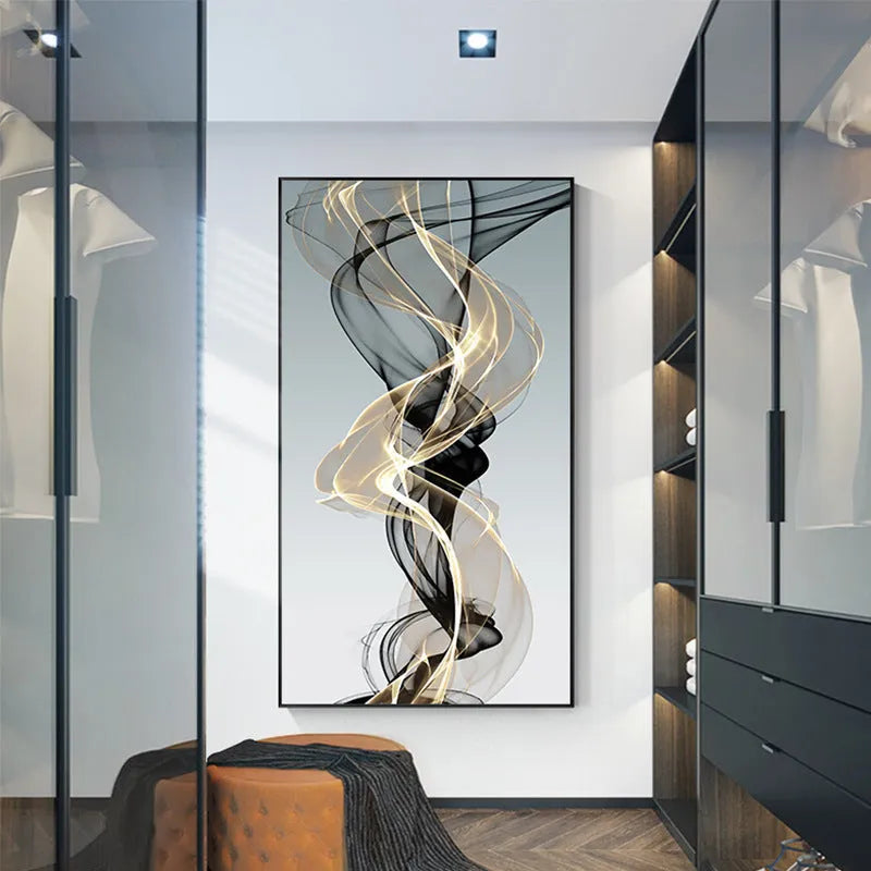 Frameless rectangular canvas painting with black and yellow geometric abstract line pattern in modern style