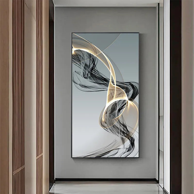 Frameless rectangular canvas painting with black and yellow geometric abstract line pattern in modern style