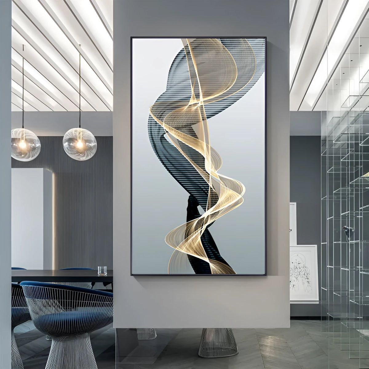 Frameless rectangular canvas painting with black and yellow geometric abstract line pattern in modern style