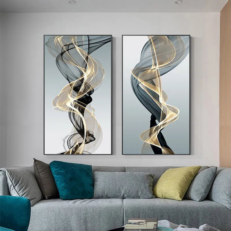Frameless rectangular canvas painting with black and yellow geometric abstract line pattern in modern style