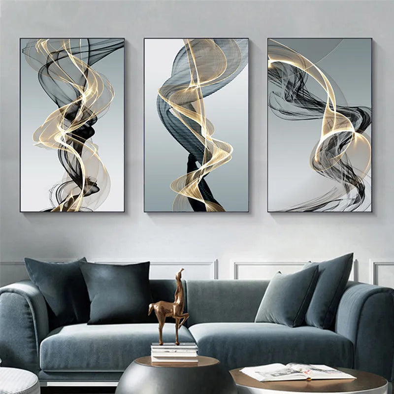Frameless rectangular canvas painting with black and yellow geometric abstract line pattern in modern style