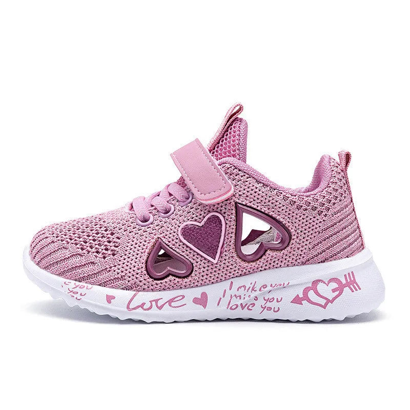 Children's pink mesh casual shoes with velcro fastening and hand-painted net pattern