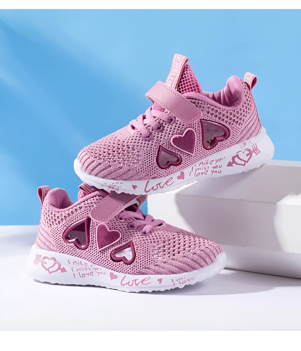 Children's pink mesh casual shoes with velcro fastening and hand-painted net pattern