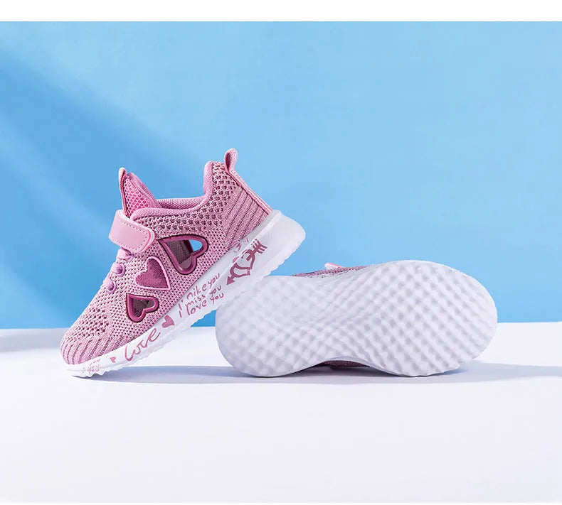 Children's pink mesh casual shoes with velcro fastening and hand-painted net pattern