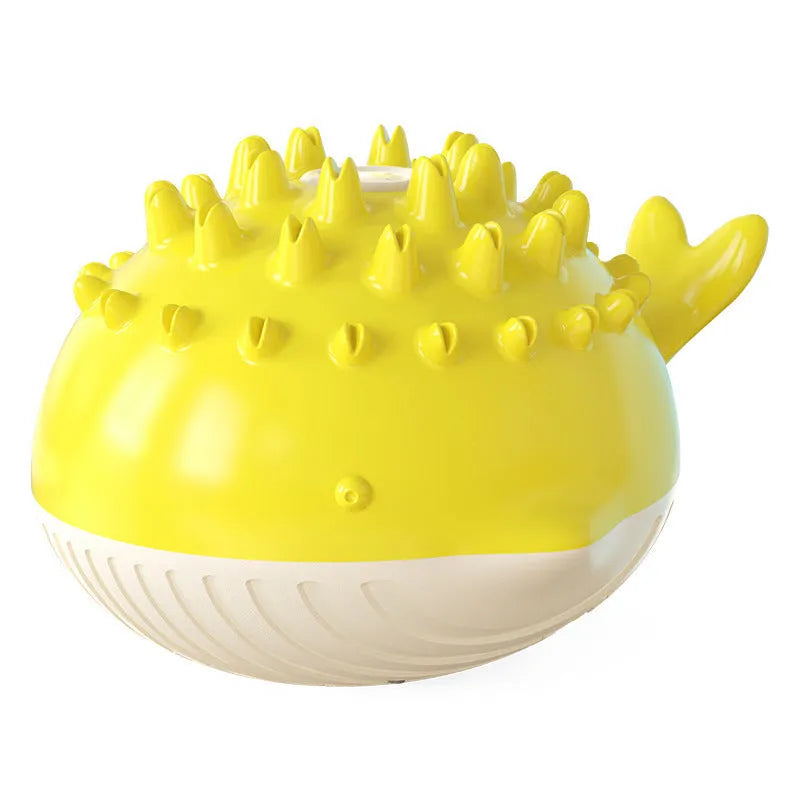 Summer electric floating swimming pet bathing water spray dog toy in yellow with molar bumps and waterproof design