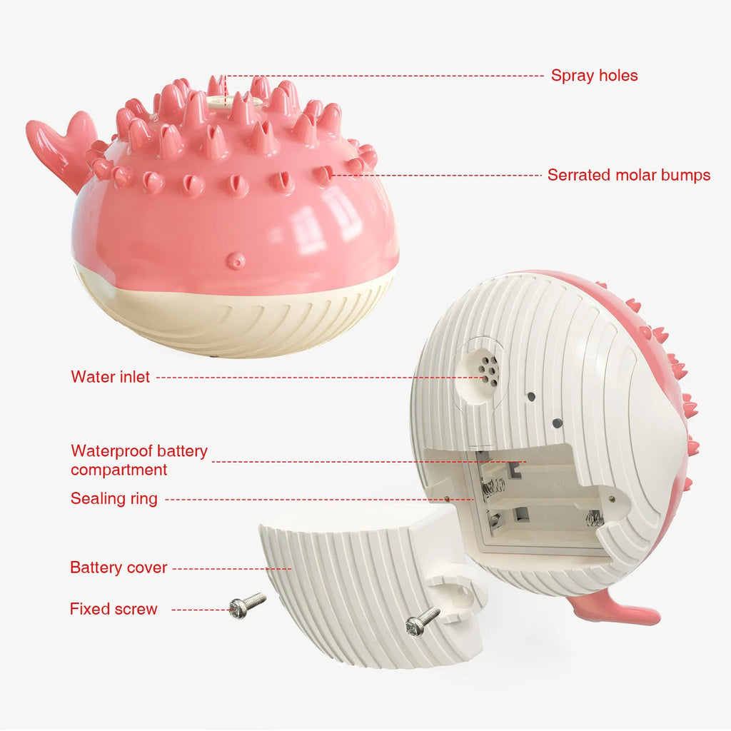 Summer electric floating swimming pet bathing water spray dog toy in yellow with molar bumps and waterproof design