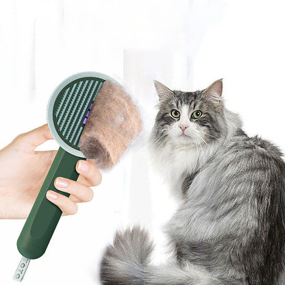 A versatile pet grooming tool with a 2-in-1 comb and UVC sanitizer, designed to gently remove hair, dander, and tangles while killing mites and bacteria for a deeper clean.