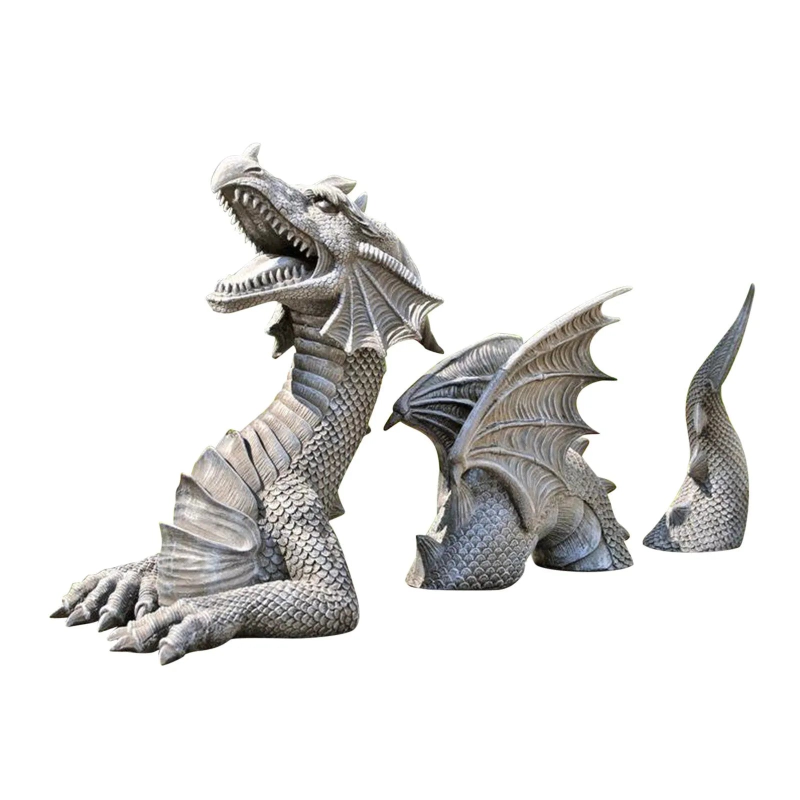 Large gothic dragon garden statue in charcoal gray stone with scales, wings, and tail, outdoor lawn decor
