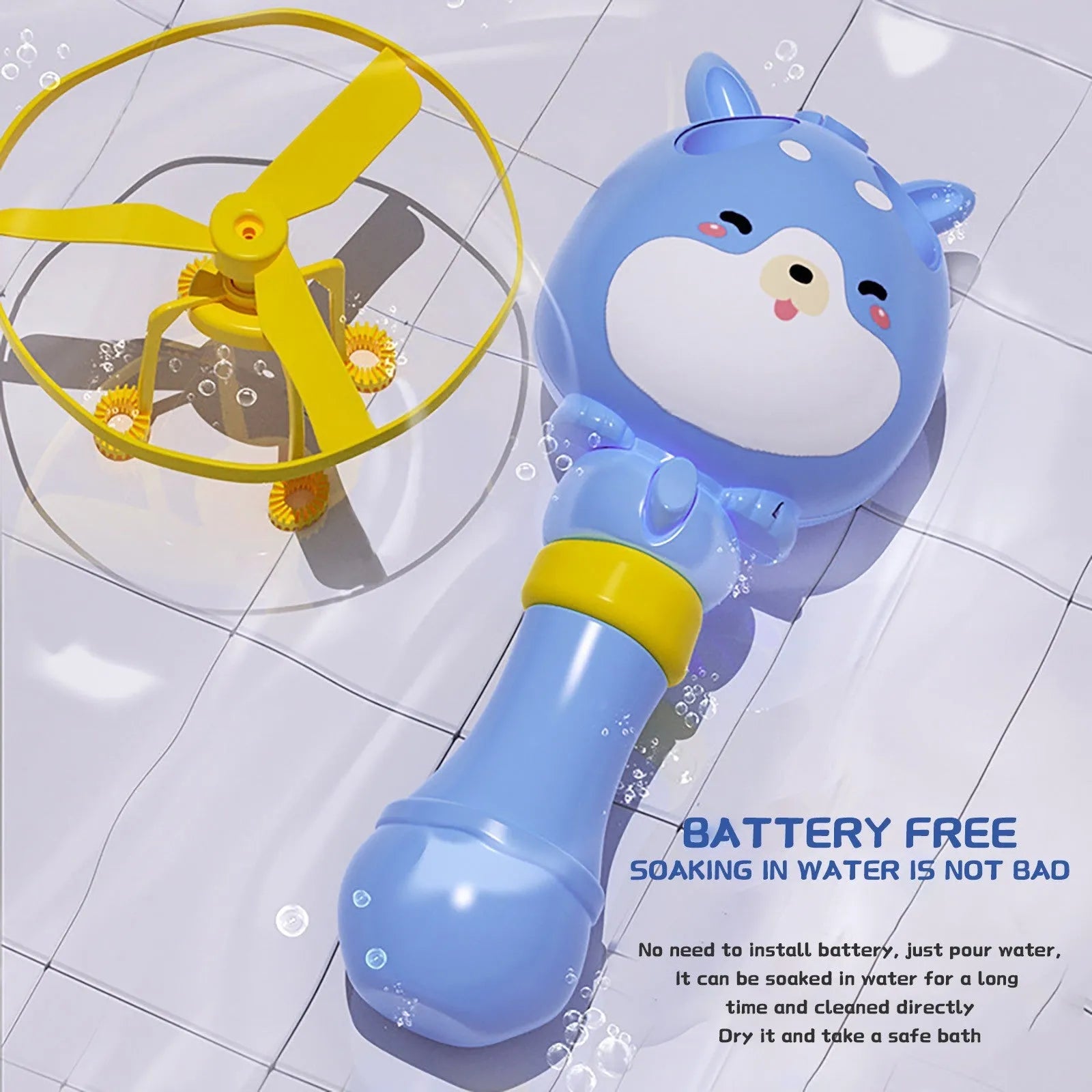 Bamboo Dragonfly rotating flying bubble machine in blue with music and lights for outdoor kids play