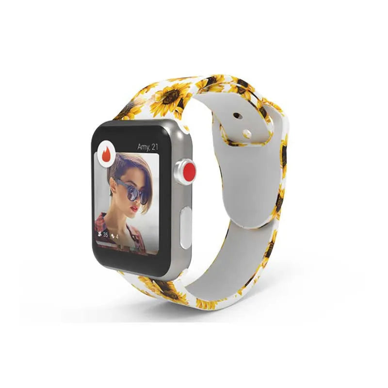 Silicone Apple Watch strap showing tie-dye and leopard print design options on a wrist
