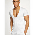 Men's deep v-neck short sleeve cotton t-shirt in solid colour, suitable for sports and streetwear