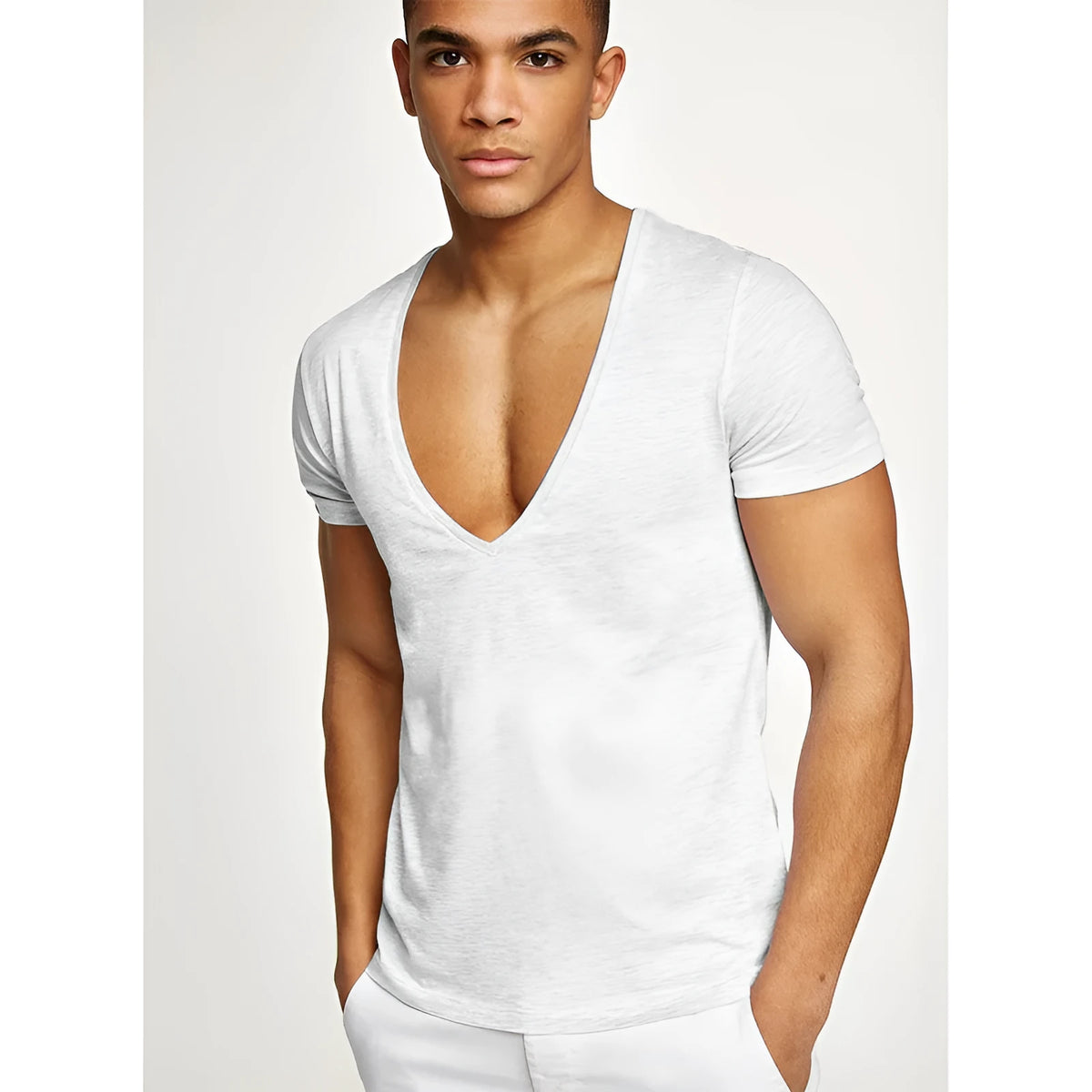 Men's deep v-neck short sleeve cotton t-shirt in solid colour, suitable for sports and streetwear