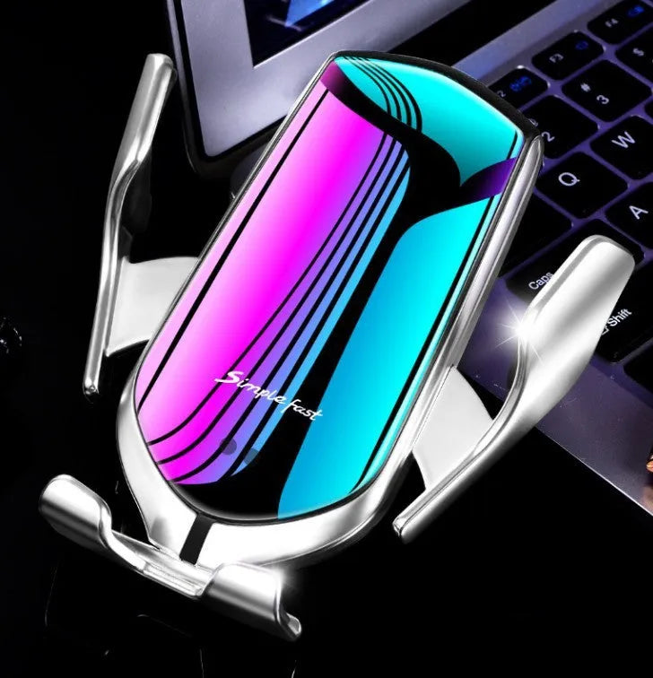 Magic Clip R1 automatic car phone holder wireless charger in gold or silver on dashboard