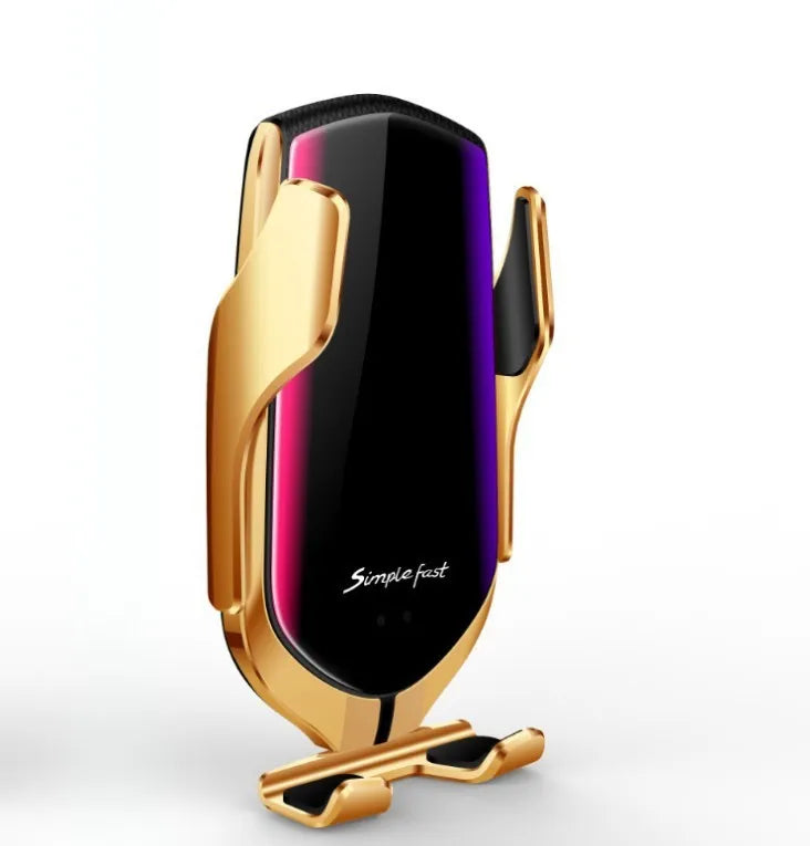 Magic Clip R1 automatic car phone holder wireless charger in gold or silver on dashboard