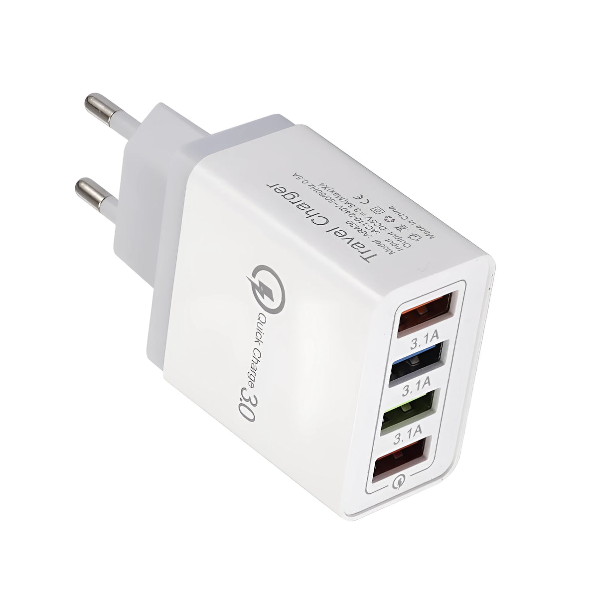 Four-port USB wall charger with luminous light, shown in dark blue colour with EU plug.