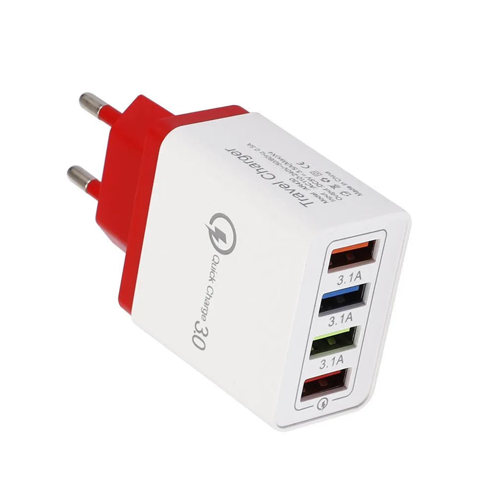 Four-port USB wall charger with luminous light, shown in dark blue colour with EU plug.