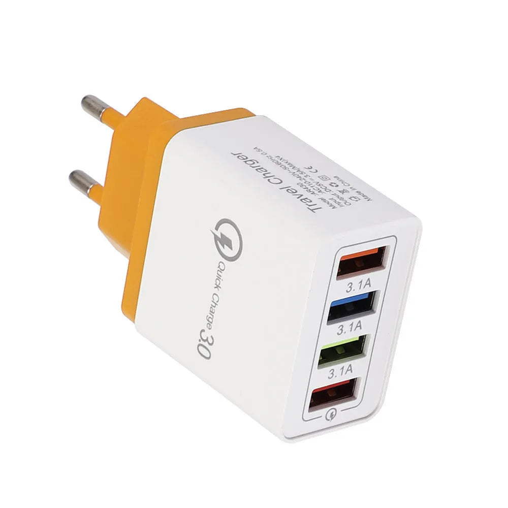 Four-port USB wall charger with luminous light, shown in dark blue colour with EU plug.