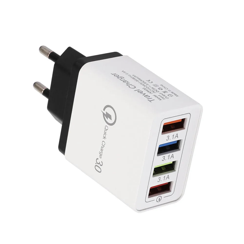 Four-port USB wall charger with luminous light, shown in dark blue colour with EU plug.