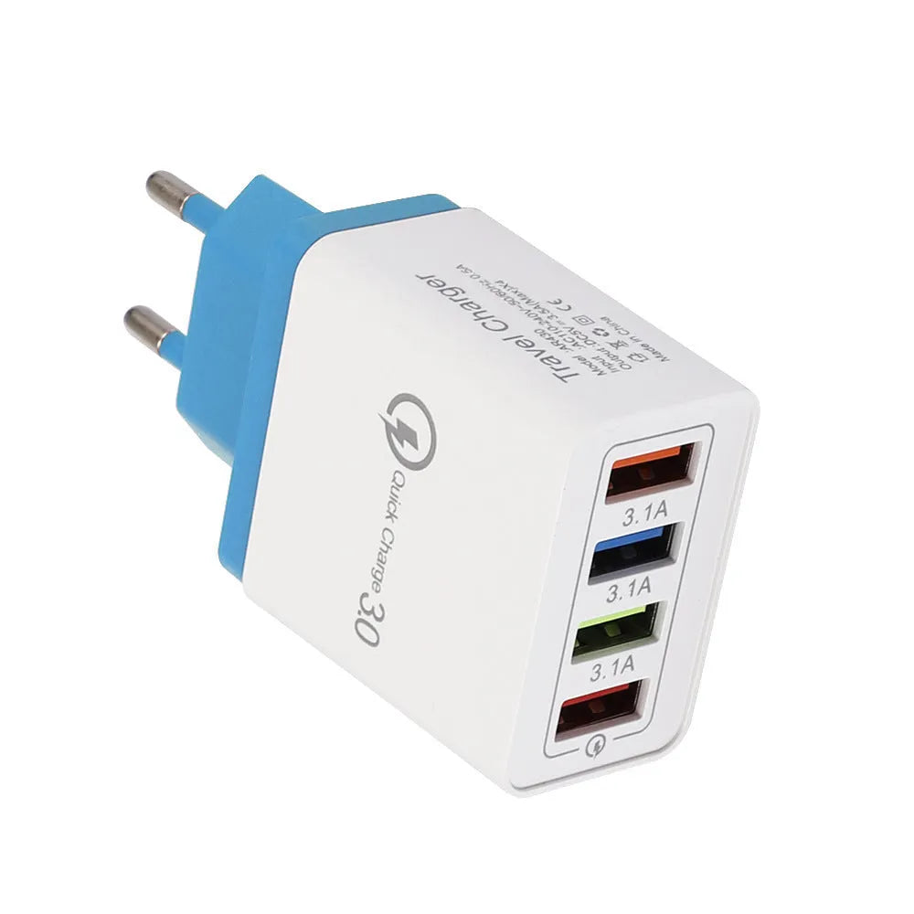 Four-port USB wall charger with luminous light, shown in dark blue colour with EU plug.