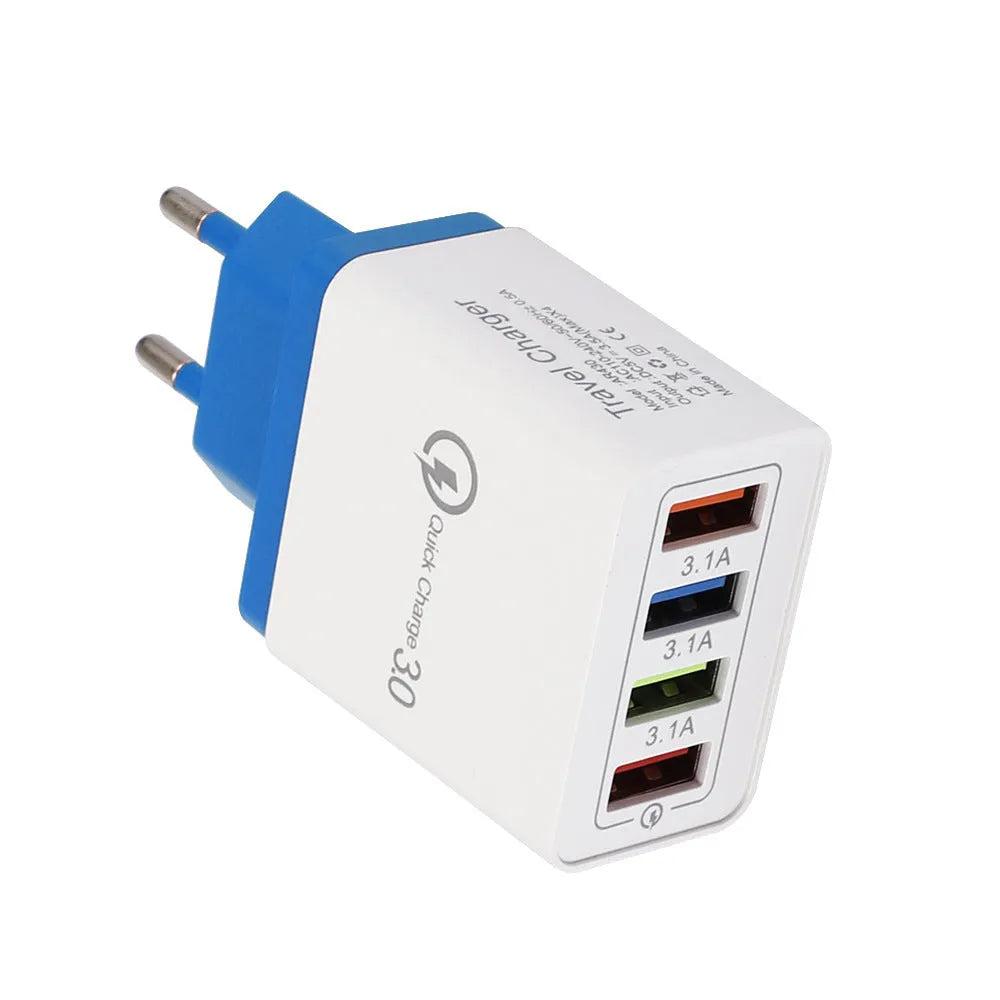 Four-port USB wall charger with luminous light, shown in dark blue colour with EU plug.