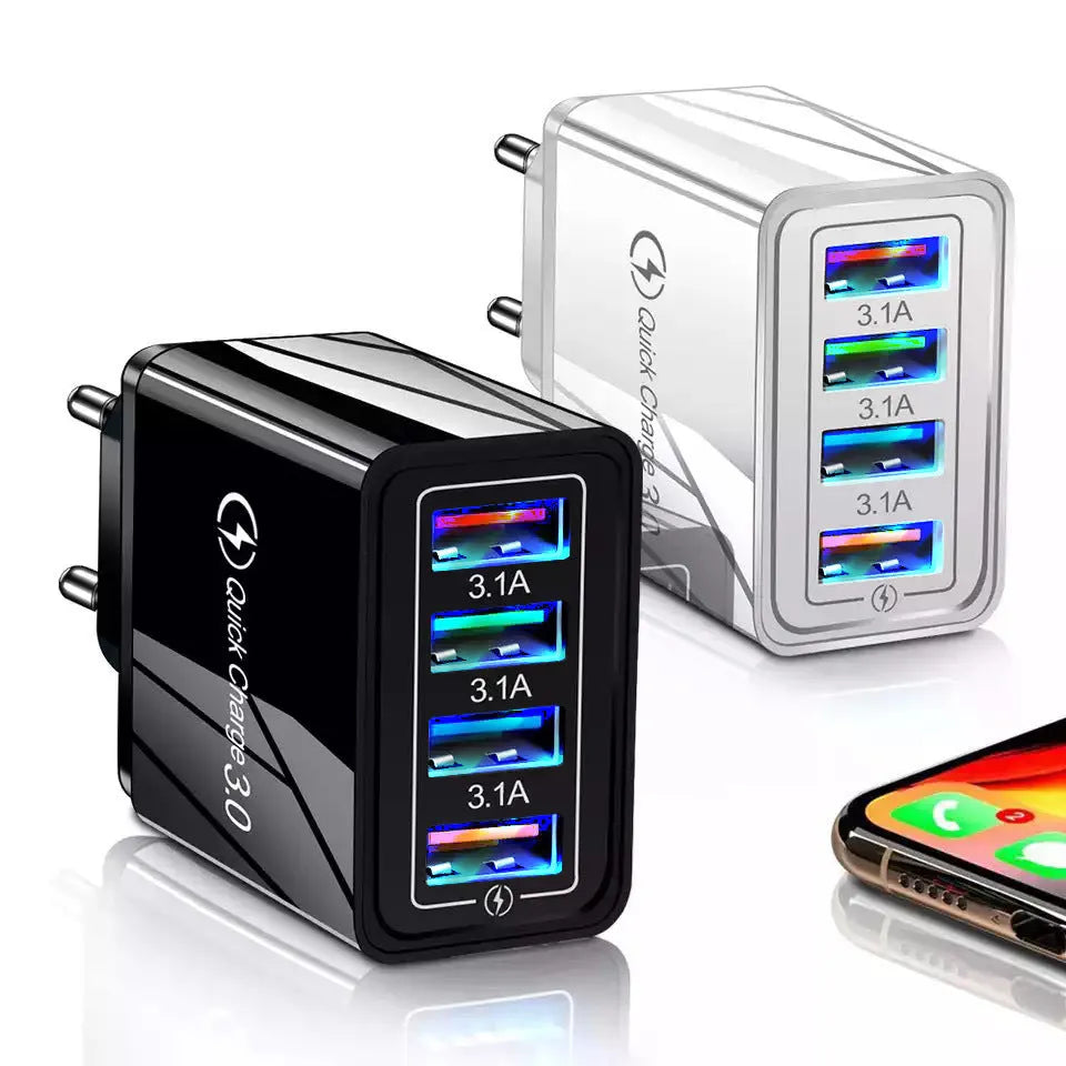 Four-port USB wall charger with luminous light, shown in dark blue colour with EU plug.