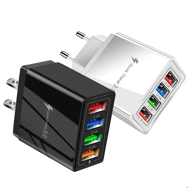 Four-port USB wall charger with luminous light, shown in dark blue colour with EU plug.