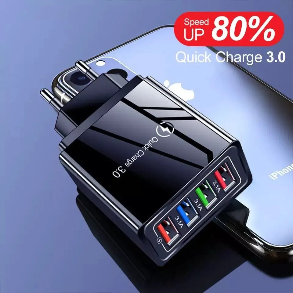Four-port USB wall charger with luminous light, shown in dark blue colour with EU plug.