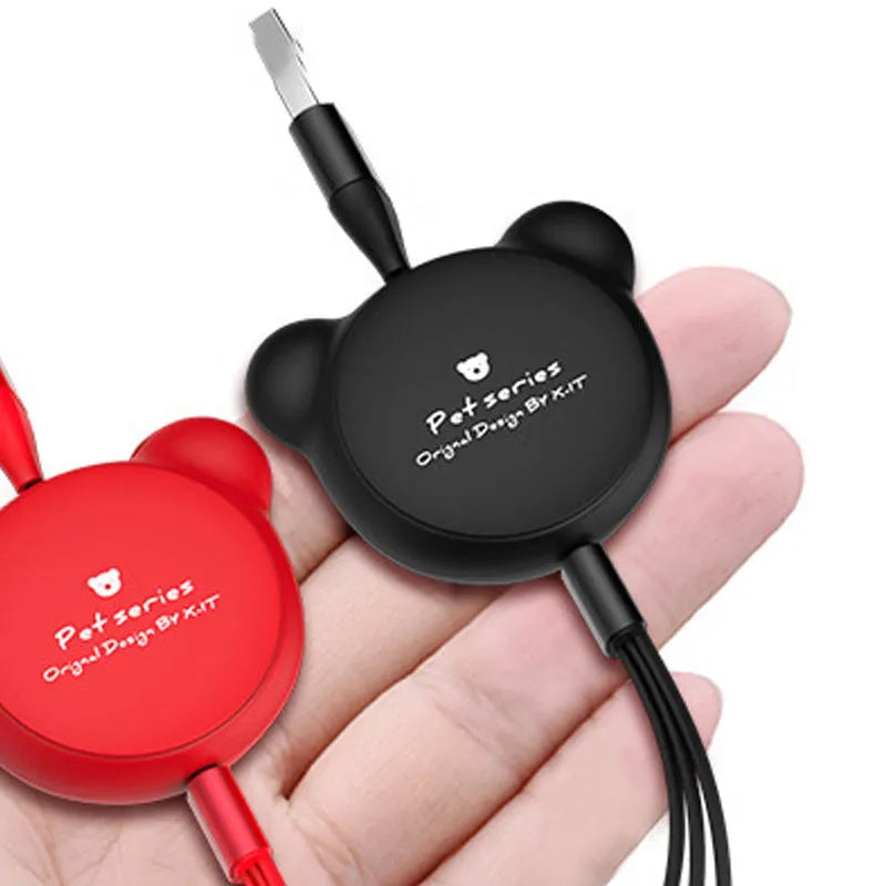 Telescopic bear-shaped organiser with a 1.2m cable ending in Mini USB, 30PIN, and Micro USB connectors