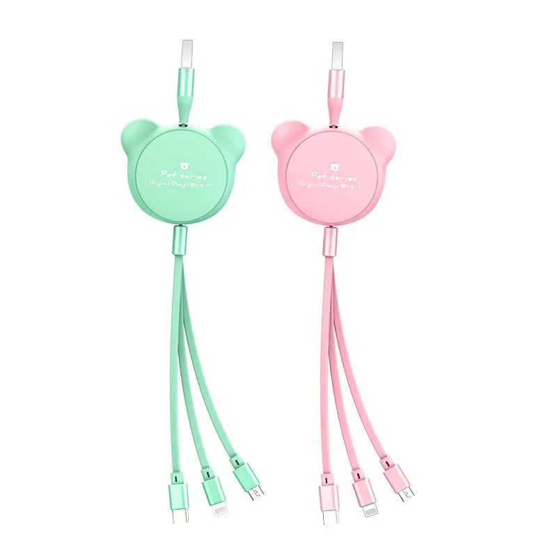 Telescopic bear-shaped organiser with a 1.2m cable ending in Mini USB, 30PIN, and Micro USB connectors