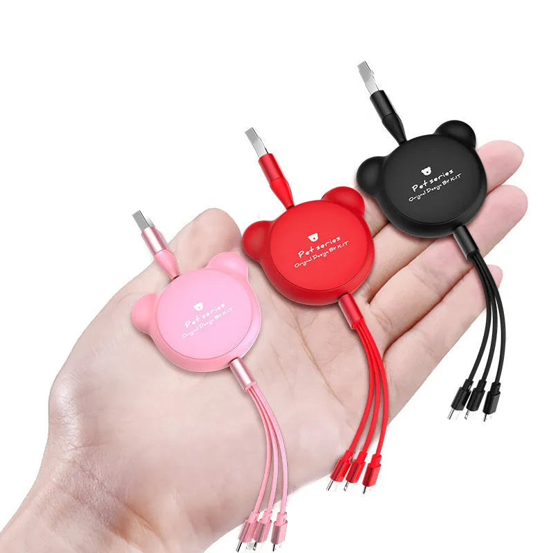 Telescopic bear-shaped organiser with a 1.2m cable ending in Mini USB, 30PIN, and Micro USB connectors