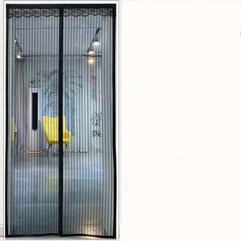 Magnetic mesh door screens in black and coffee colors, featuring durable polyester construction and convenient auto-closing design for insect protection.