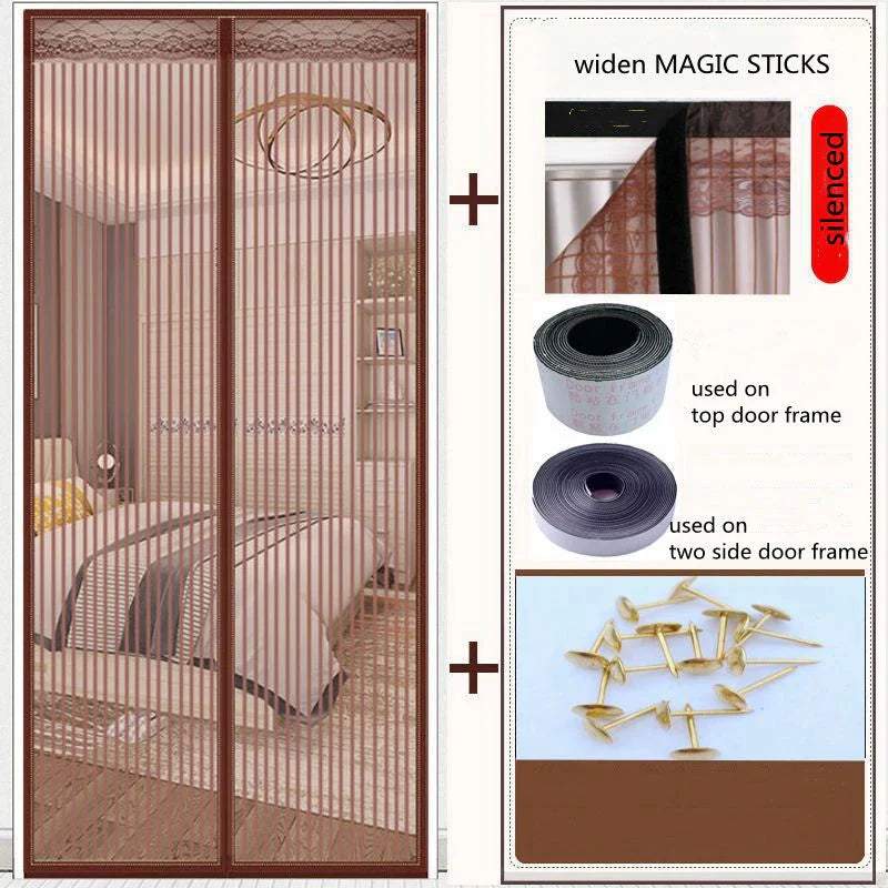 Magnetic mesh door screens in black and coffee colors, featuring durable polyester construction and convenient auto-closing design for insect protection.