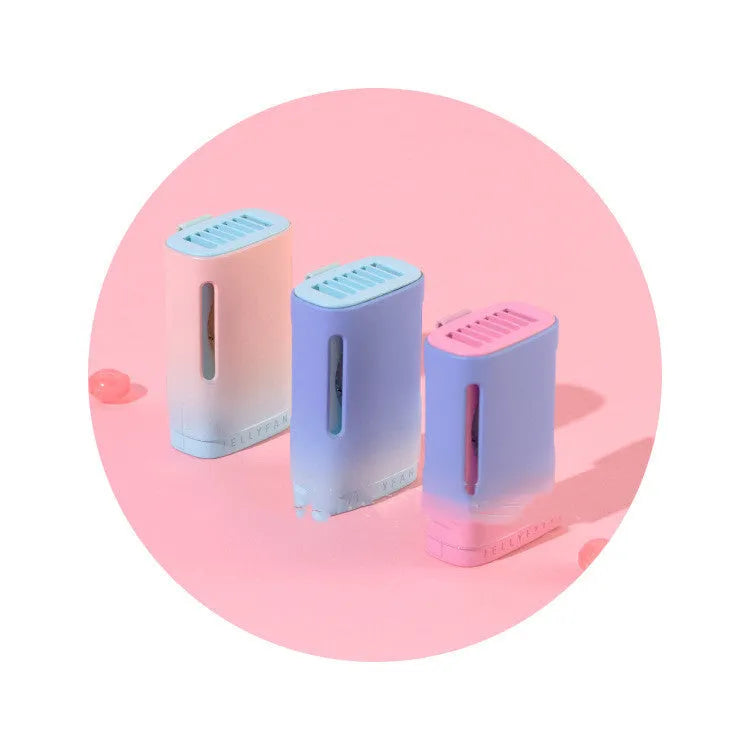 Jelly USB rechargeable mini fan shown in mint peach colour, featuring a neck strap and compact design.