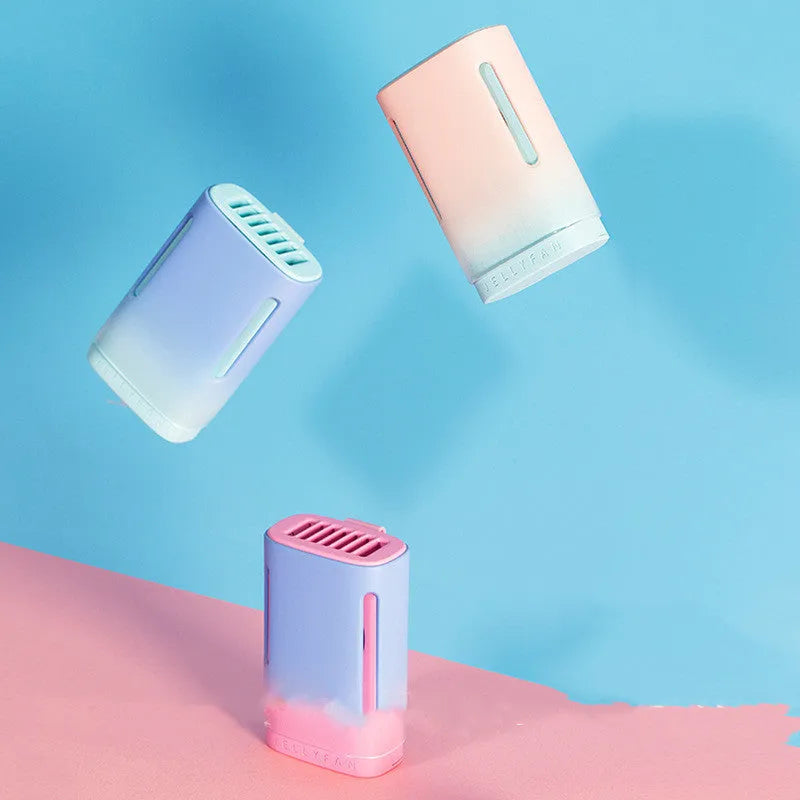 Jelly USB rechargeable mini fan shown in mint peach colour, featuring a neck strap and compact design.