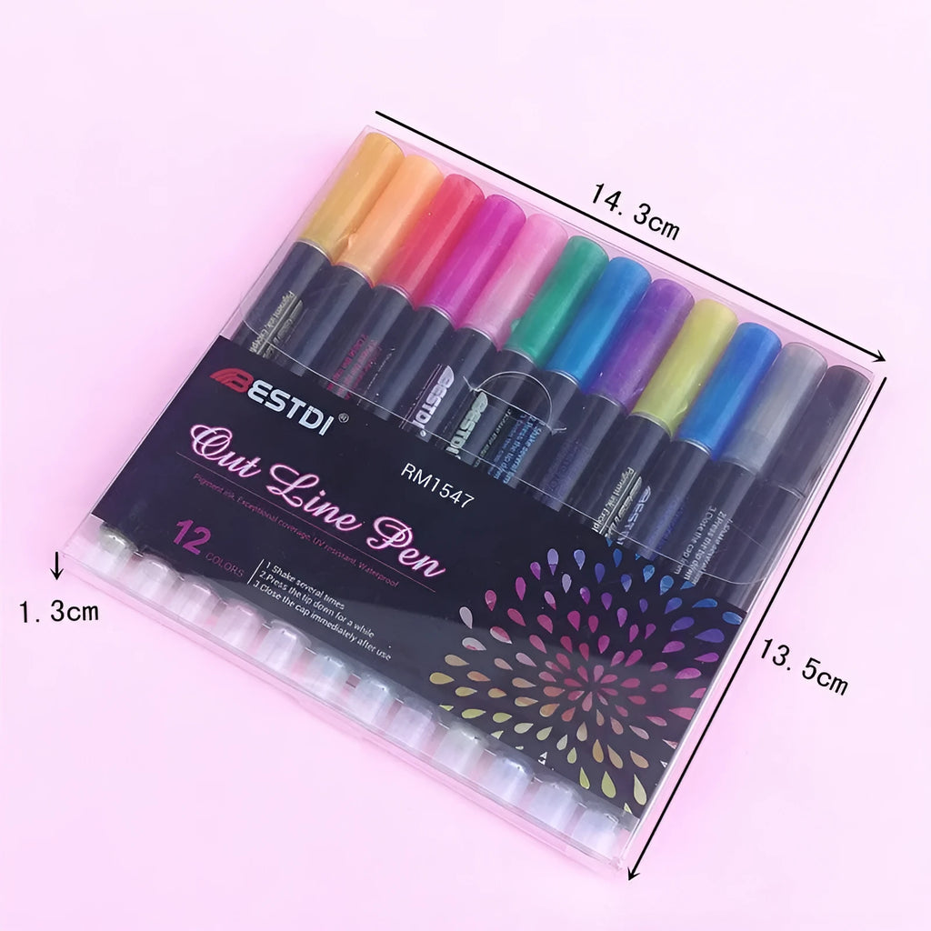 Boxed set of 12 double line contour pens with plastic shells for sketching and illustration