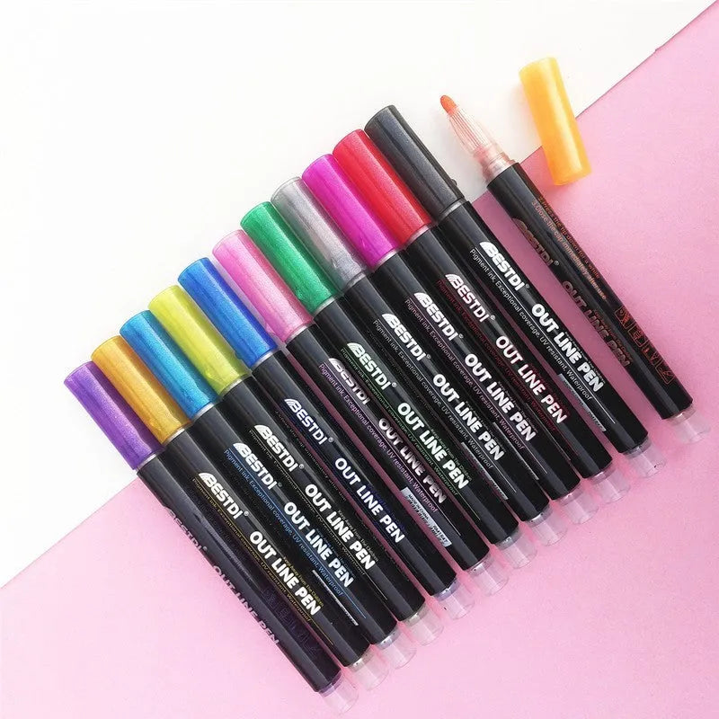 Boxed set of 12 double line contour pens with plastic shells for sketching and illustration