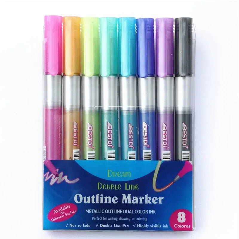 Boxed set of 12 double line contour pens with plastic shells for sketching and illustration