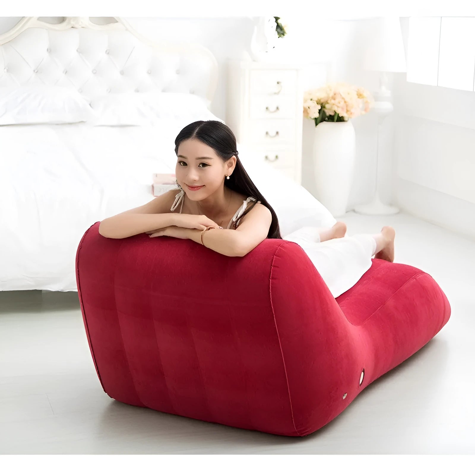 Flocking inflatable lazy sofa in PVC with backrest, red, 155x89x65cm, adult recliner