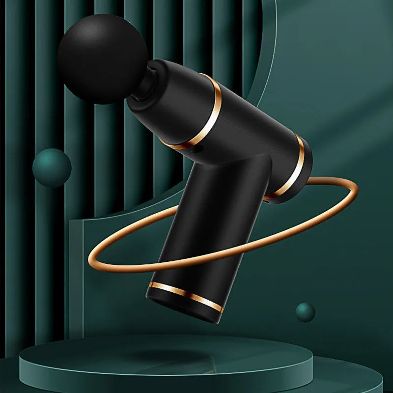 Mini fascia gun in black with four massage heads and button control on a plain background