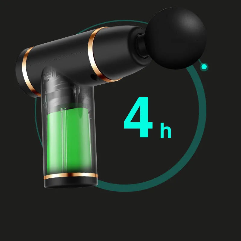 Mini fascia gun in black with four massage heads and button control on a plain background