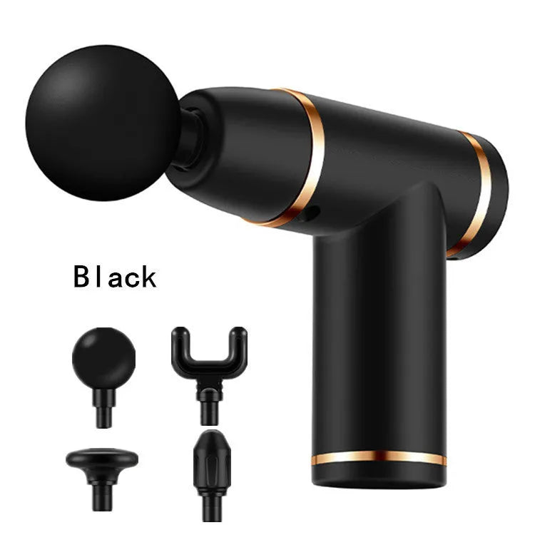 Mini fascia gun in black with four massage heads and button control on a plain background