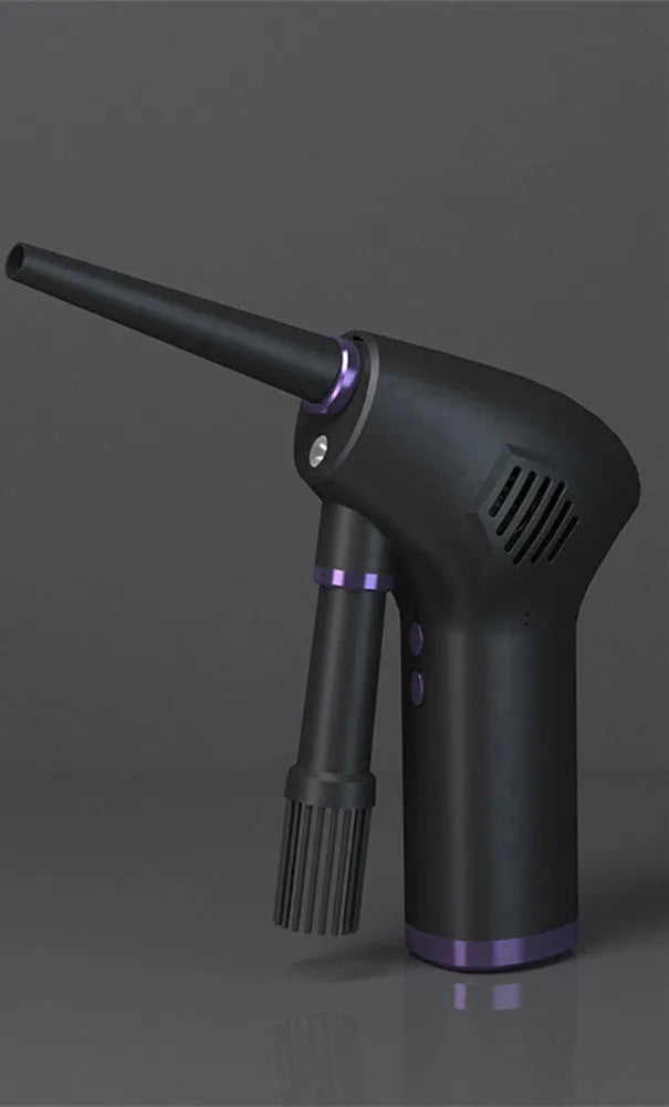 Black cordless air duster with withdrawable nozzle, warm light, for cleaning computer keyboard and camera