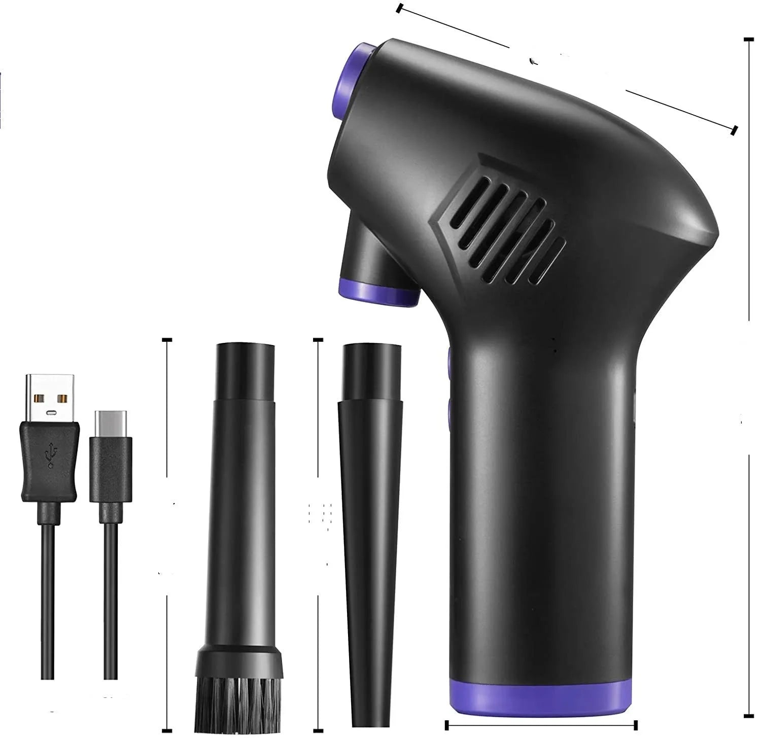 Black cordless air duster with withdrawable nozzle, warm light, for cleaning computer keyboard and camera